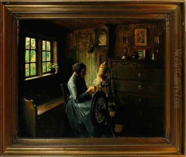 Rural Interior With An Old Woman By The Spinning Wheel Oil Painting by Carl Vilhelm Holsoe