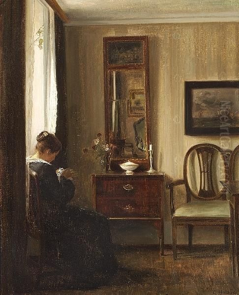 An Interior With The Artist's Wife At Her Needlework Oil Painting by Carl Vilhelm Holsoe