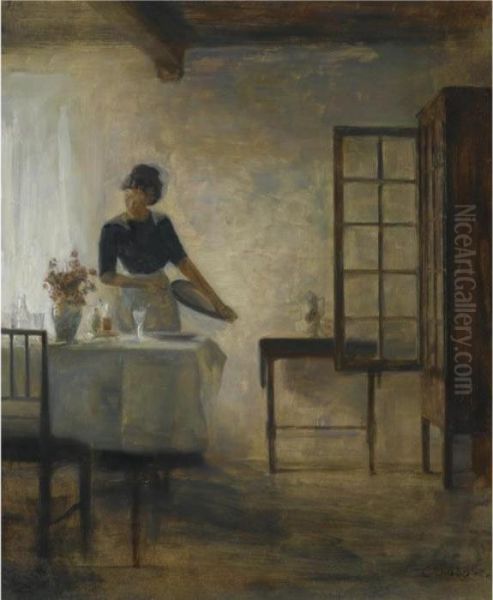 Bordet Daekkes (laying The Table) Oil Painting by Carl Vilhelm Holsoe