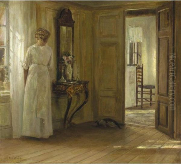 Interieur Med Kvinde Og Kat (interior With A Lady And A Cat) Oil Painting by Carl Vilhelm Holsoe