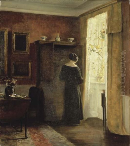 InteriaÂ¸r Med Kvinde Ved Vindue (interior With Woman By The Window) Oil Painting by Carl Vilhelm Holsoe