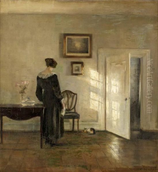 Kvinna Och Rosa Blombukett Oil Painting by Carl Vilhelm Holsoe