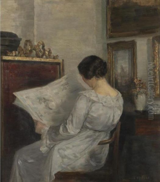 Woman Reading The Newspaper Oil Painting by Carl Vilhelm Holsoe