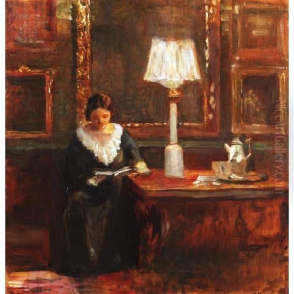 Lady Reading By A Lamp Oil Painting by Carl Vilhelm Holsoe