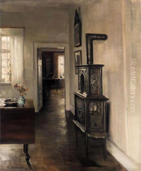 Interieur Med Pejs (interior With A Stove) Oil Painting by Carl Vilhelm Holsoe