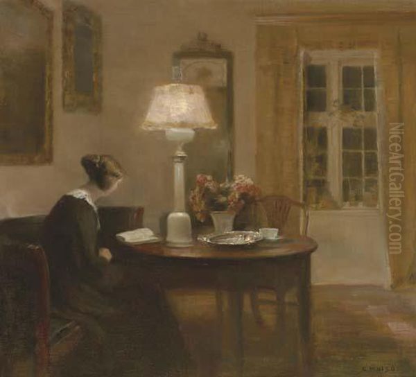 Woman Reading By Lamplight Oil Painting by Carl Vilhelm Holsoe