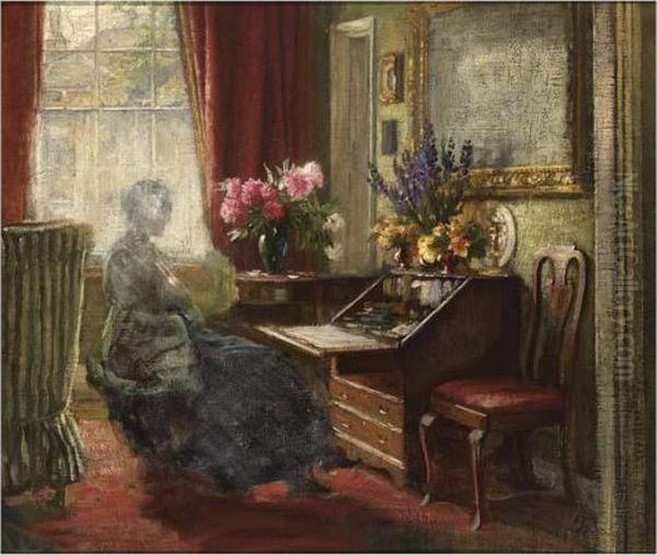 An Interior With A Woman Behind A Writing Table Oil Painting by Carl Vilhelm Holsoe