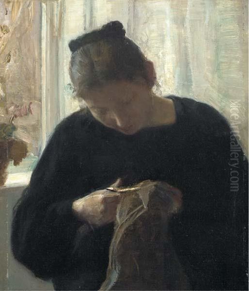 A Woman At Her Needlework Oil Painting by Carl Vilhelm Holsoe