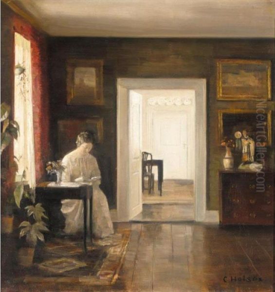 Interior Med En Kvinde Der Laeser (interior With A Woman Reading) Oil Painting by Carl Vilhelm Holsoe