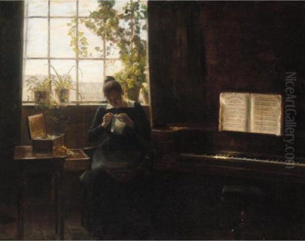 Ung Kvinde Der Syr (a Young Lady Sewing Beside A Piano) Oil Painting by Carl Vilhelm Holsoe