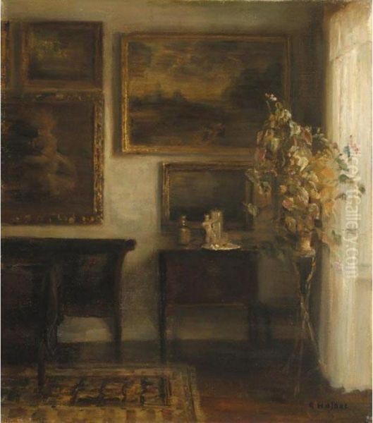 Vase Med Blomster (interior With A Vase Of Flowers) Oil Painting by Carl Vilhelm Holsoe