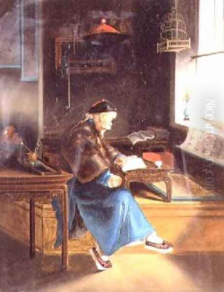 A Chinaman reading in his study Oil Painting by Lam Qua