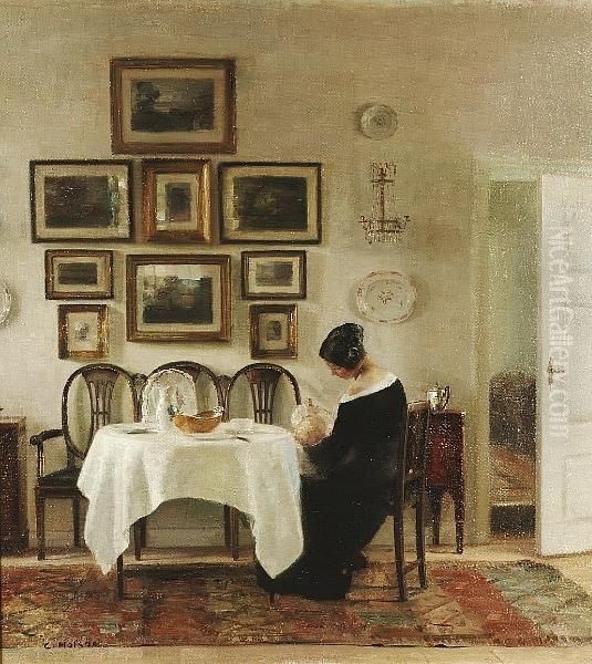 Mother And Child In A Dining Room Interior Oil Painting by Carl Vilhelm Holsoe