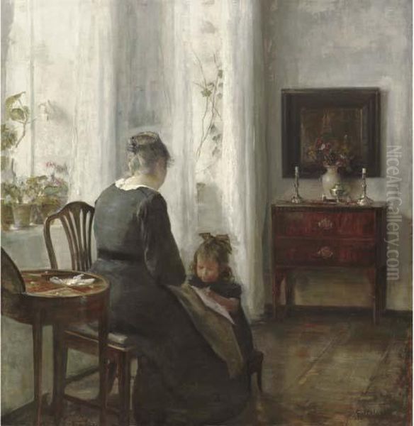 A Mother And Child In An Interior Oil Painting by Carl Vilhelm Holsoe