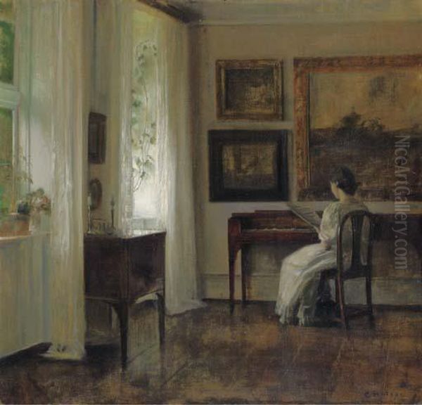 A Lady Reading Music In An Interior Oil Painting by Carl Vilhelm Holsoe