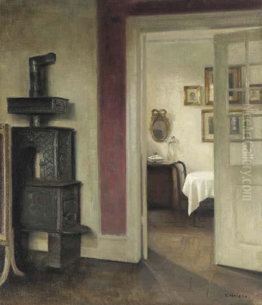 An Interior With A Stove And A View Into A Dining Room Oil Painting by Carl Vilhelm Holsoe