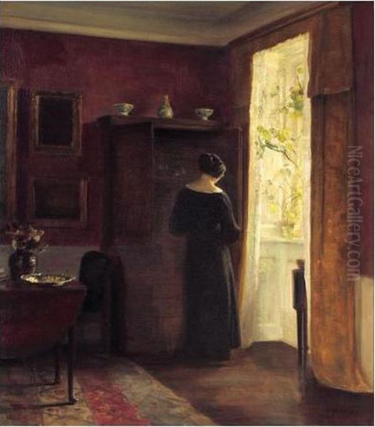 Interior Med Kvinde Ved Vindue (interior With A Woman By A Window) Oil Painting by Carl Vilhelm Holsoe