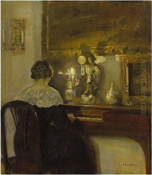 Young Woman Playing The Piano Oil Painting by Carl Vilhelm Holsoe