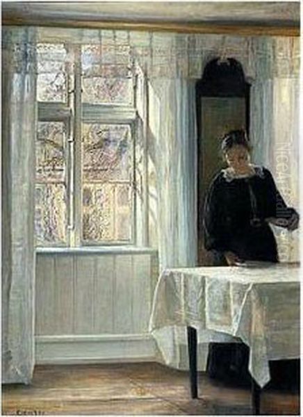 Bordet Daekkes I Forarssolen (in The Spring Sun) Oil Painting by Carl Vilhelm Holsoe