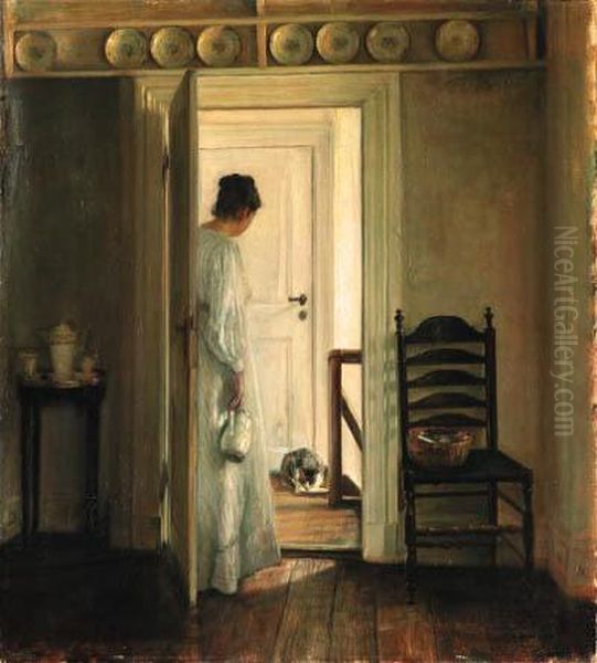 A Saucer Of Milk Oil Painting by Carl Vilhelm Holsoe