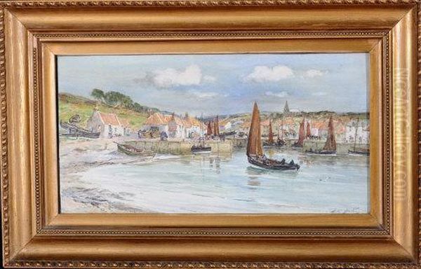 A Fishing Harbour On The Fife Coast Oil Painting by Thomas Swift Hutton