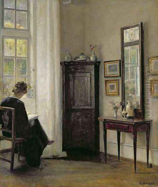 Interior with Woman Reading Oil Painting by Carl Vilhelm Holsoe