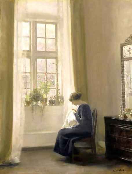 A Girl Sewing in an Interior Oil Painting by Carl Vilhelm Holsoe