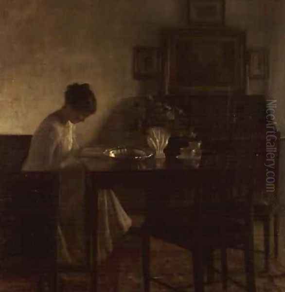 Girl reading in an interior Oil Painting by Carl Vilhelm Holsoe