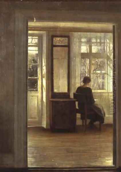 A Lady in an Interior Oil Painting by Carl Vilhelm Holsoe