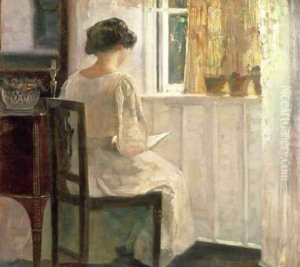 Girl Reading in a Sunlit Room Oil Painting by Carl Vilhelm Holsoe