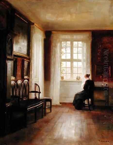 Interior with Woman Sewing Oil Painting by Carl Vilhelm Holsoe