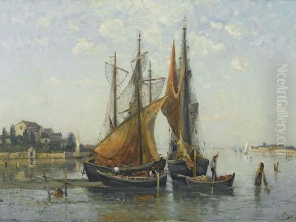 Fishing Boat In Harbour. Oil Painting by Louis-Aime Japy