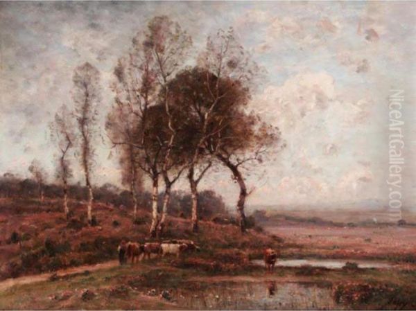 Landscape With Cattle Watering Oil Painting by Louis-Aime Japy