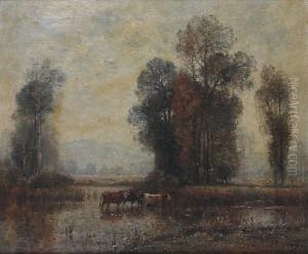 Landscape With Cows Oil Painting by Louis-Aime Japy