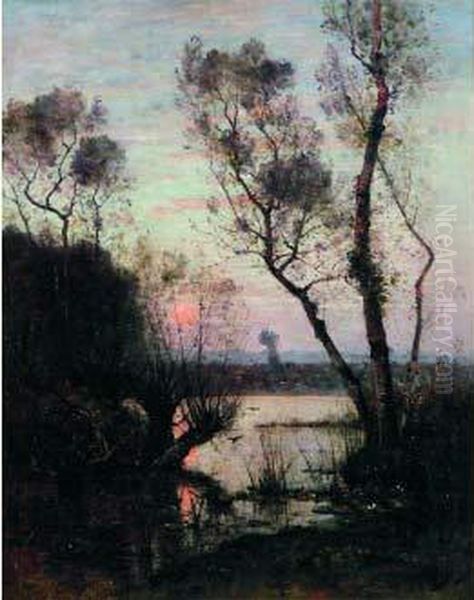 Soleil Rouge Sur L'etang Oil Painting by Louis-Aime Japy