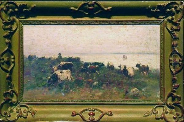 Cattle Grazing Along The River's Edge Oil Painting by Louis-Aime Japy