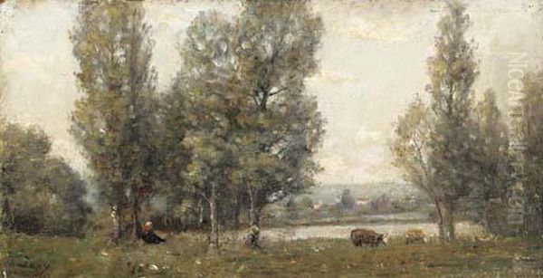 A Girl Resting In Pasture Oil Painting by Louis-Aime Japy