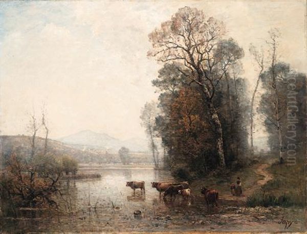 A Landscape With Cows Oil Painting by Louis-Aime Japy