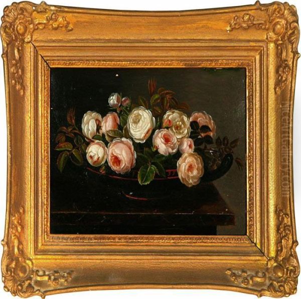 Pink Roses In A Greek Bowl On A Stone Frame Oil Painting by I.L. Jensen