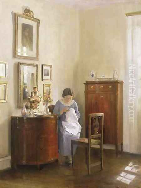 Interior with Lady Sewing Oil Painting by Carl Vilhelm Holsoe