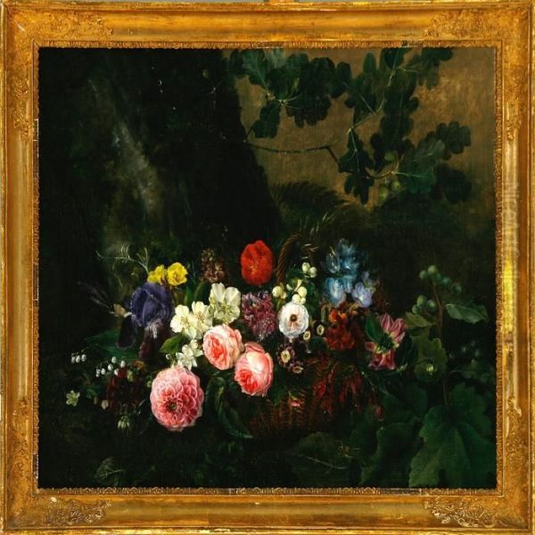 Forest Floor With Flowers In A Basket Oil Painting by I.L. Jensen