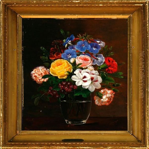 A Pair Of Still Lifes With Roses And Heartseases In A Vase On A Table Oil Painting by I.L. Jensen