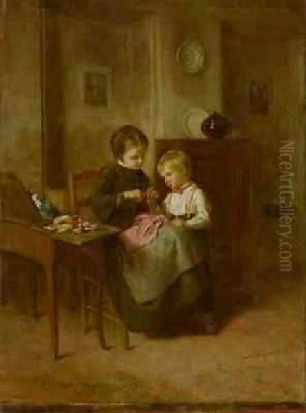 The Sewing Lesson 2 Oil Painting by Theophile-Emmanuel Duverger