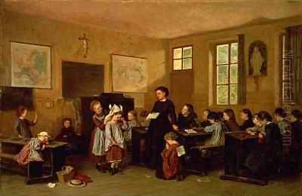 The naughty school children Oil Painting by Theophile-Emmanuel Duverger