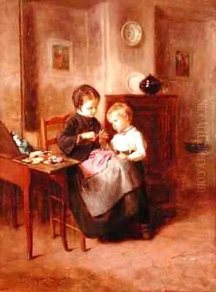 The Sewing Lesson Oil Painting by Theophile-Emmanuel Duverger