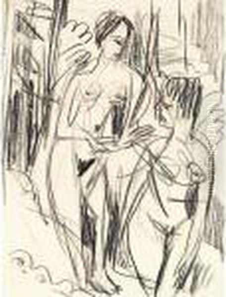 Two Female Nudes (#) Portrait Of A Woman Oil Painting by Ernst Ludwig Kirchner