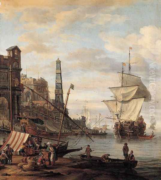 Mediterranean Harbour Scene Oil Painting by Abraham Storck