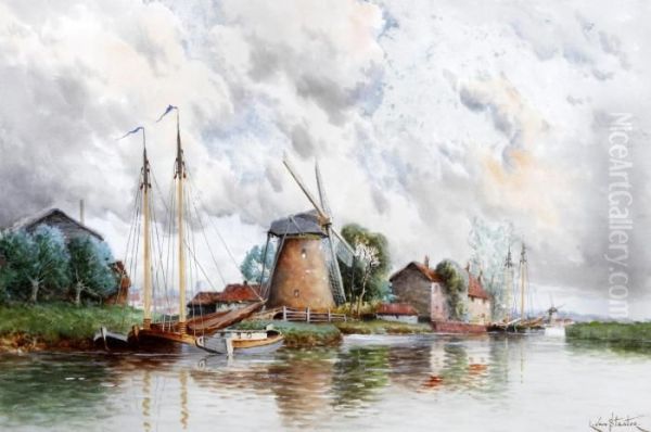 'pumping Mills Near Rotterdam' And 'near Rotterdam' Oil Painting by Hermanus Jr. Koekkoek