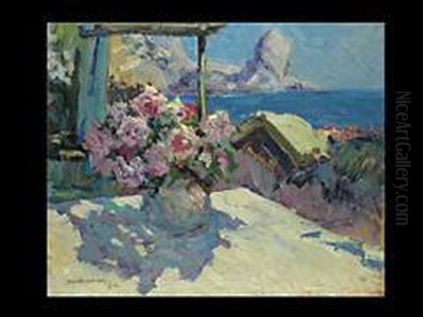 Blumenvase Und Kustenlandschaft Oil Painting by Konstantin Alexeievitch Korovin