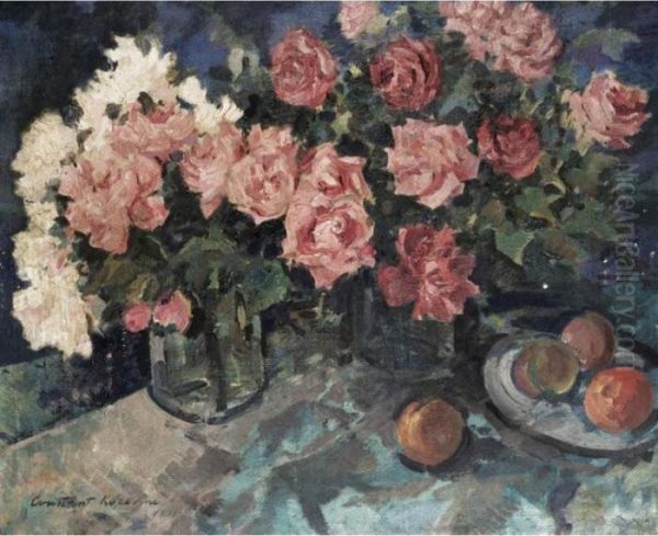 Still Life With Roses And Peaches Oil Painting by Konstantin Alexeievitch Korovin